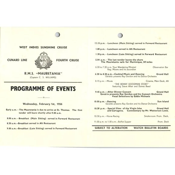 1956 Feb 1st RMS Mauretania Cunard Line Program Capt. C.S. Williams AB9 - Picture 2 of 2